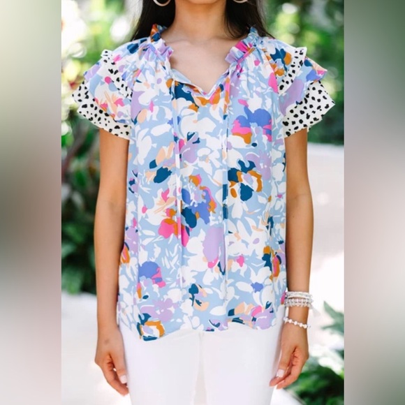 Tops - Floral Ruffle Sleeve Blouse w/ Dalmatian Print Detail | Colorful Boho Top